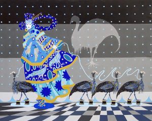 Al Tucci creates a beautiful Gouache painting of a lady dressed in shades of blue with a gold yellow accent and grouse birds, she has a leash in each hand that is attached to the 4 grouses in the foreground