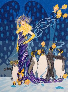 Painting of a beautiful stylish woman and peguins in tones of blue purple, gray and black by Al Tucci