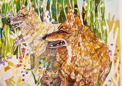 The middle left side of the painting titled "The Dorothy Project" by Al Tucci. This photo shows a coyote family, mother, father and youngster painted in tones of brown, gold, yellow and gray. The background is cactus plants and the foreground is flowers painted in yellows, orange, gold, purple and blues.
