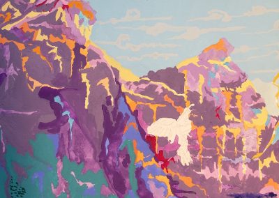 The top left side of the painting "The Dorothy Project" by Al Tucci. The two mountain peacks are painted in shades of magenta, pink, purple, blue, green and topped with orange and gold. A Gambels Quail is flying across the mounts and isn't painted.