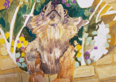 Painting progress on "The Dorothy Project' by Al Tucci commissioned art work. The paint shows a small dog on a yellow brick wall looking up.