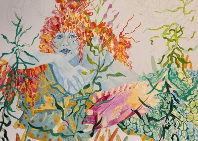 How the face of the Mermaid in the painting titled "In The Sea" was blocked in. The Mermaid's face is in tones of blue and her hair is painted in golds, oranges and magenta. There is seaweed painted in dark green, teal, light greens and pink growing around her. There is a small old ship in her hair with a sea captain standing on deck with a spay glass in his hand. Near the mermaids midsection is a large fish painted in a fuchsia pink and yellow.