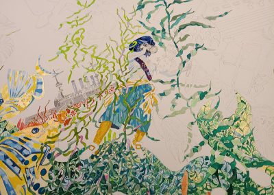 Al Tucci Commissioned Art work showing a close up of how he started painting the "In The Sea" painting. This photo shows how he started painting the battleship and the Pirate in the commissioned piece titled "In The Sea." The seaweed in the foreground is painted in tones of greens and yellow. The pirate's pants are in shades of blue as is his hat. There is a large fish painted in blue and a golden yellow. The battleship is in tones of taupe and gray.