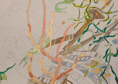A section of Al Tucci Commissioned Art titled "In The Sea". This portions is of the old ship beneath the sea. It is the starting of the painting with coral and sea weed in the foreground and the ship and the mast in the midground. There is a mermaid near the top of the mast and a seahorse hanging on the mast