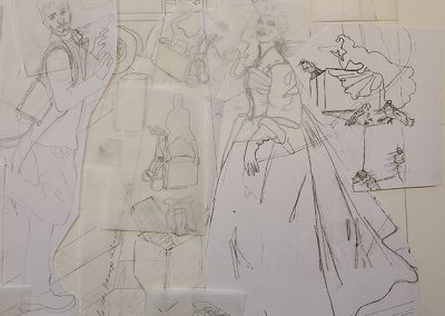 Al Tucci starts sketching and tracing the elements of the commissioned art work "The Move." In the background is a moving truck titled "Sheffie" in the midground is a loading ramp leading to the truck with two hand trucks and movers taking boxes into the van. The husband and wife are at the end of the ramp. The wife in a ballgown and the husband in casual clothes.