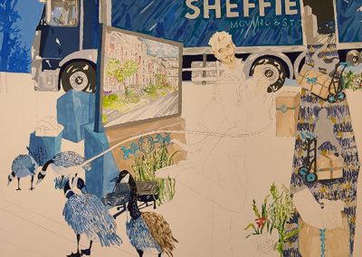 The left side of the painting "The Move." The sky and moving truck are painted in shades of blue. The ramp is painted in blues and golds. A large screen tv is on a moving box and there are Canadian Geese milling about the scene.